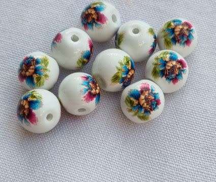 10pc x 8mm White / Painted / Yellow / Flowers / Round  Porcelain Beads