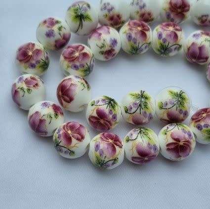 6pc x 12mm White / Painted / Purple / Flowers / Round Porcelain Beads