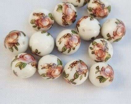 *Clearance Sale* 10pc x 10mm White / Painted / Pink Rose / Round Porcelain Beads