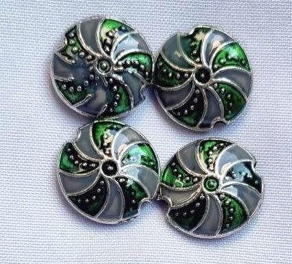 1pc x 13mm Green / Grey  Flat Round Enamel / Metal Bead / Spacer - Each