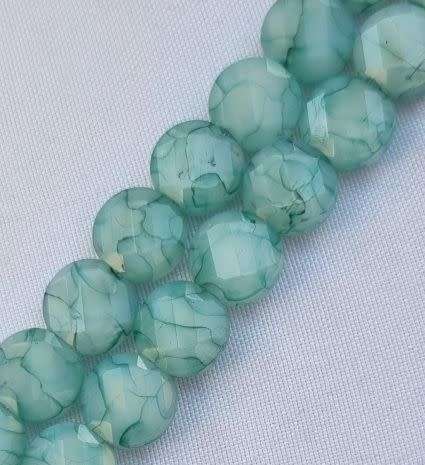 10pc (8mm)  Green / Flat Round / Marble Faceted  Glass Beads