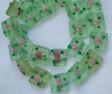 4pc (+/-12mm)   Mint Green / Frosted  / Square  / Lampwork Glass Beads
