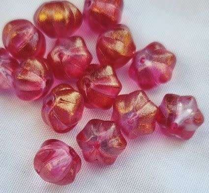 10pc  x 10.5mm Red / Painted Glitter Powder / Flower  Glass Beads