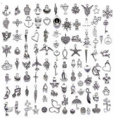 100pc Assorted  Tibitan Style Antique Silver Tone Charms