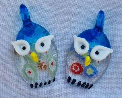 1pc x Owl / Light Blue / Clear Millefiori Handmade Lampwork Glass Pendant +/- 38x20mm