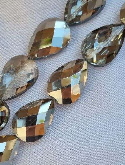 *Clearance Sale*4pc x 24mm Smoky / Silver Electroplated Drop Faceted Glass Beads