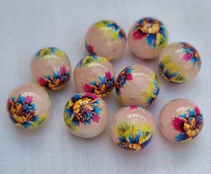 5pc x 12mm Pink / Printed / Yellow / Multi Colors / Flowers / Round Glass Beads