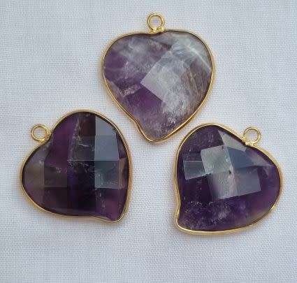 1pc Natural / Amethyst / Gold Tone / Heart Shape Pendant +/- 29x25mm