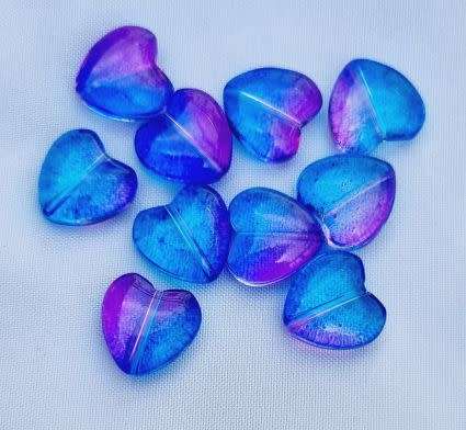 10Pc x (12 mm)  Blue / Purple Painted  Heart Glass Beads
