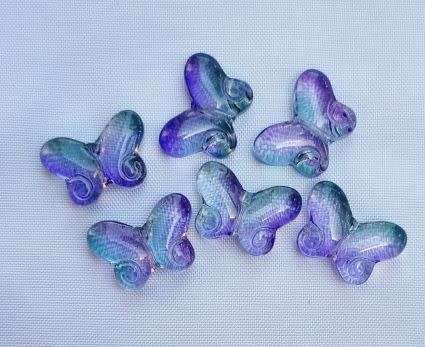 10Pc x (14 x 10mm) Purple / Green / Painted  Butterfly Glass Beads
