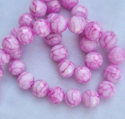 10pc x 8mm Pink Round Marble Faceted  Glass Beads