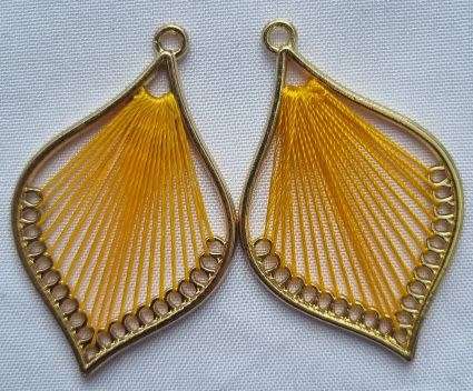 1pc Yellow / Cotton Thread / Woven  / Gold Tone / Leaf Shape Pendant  43x27mm