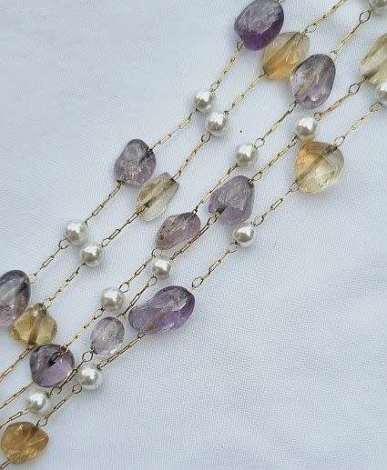 1m Natural / Ametrine Nuggets/ Glass Pearl / Beaded Chain /Stainless Steel / Gold Tone