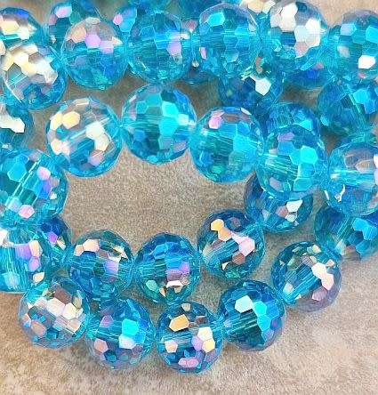 10pc  x 9mm Light Blue  / Faceted Electroplate Round Glass Beads