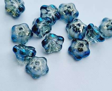 10Pc x (6x9mm) Blue / AB / Trumpet  Flower Glass Beads
