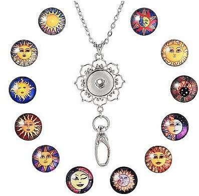 ***DIY*** 12pc / Sun / Glass Snap Button / Stainless Steel Chain / Necklace Jewelry / Kit