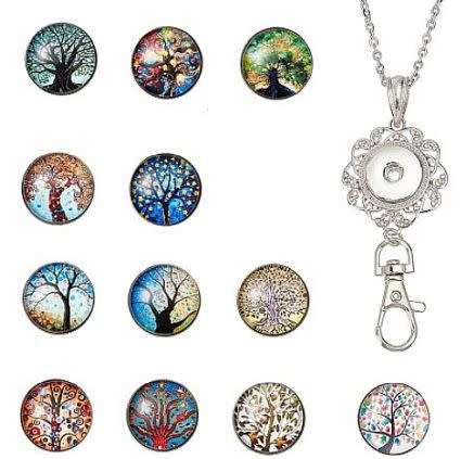 ***DIY*** 12pc / Tree Of Life / Glass Snap Button / Stainless Steel Chain / Necklace Jewelry / Kit