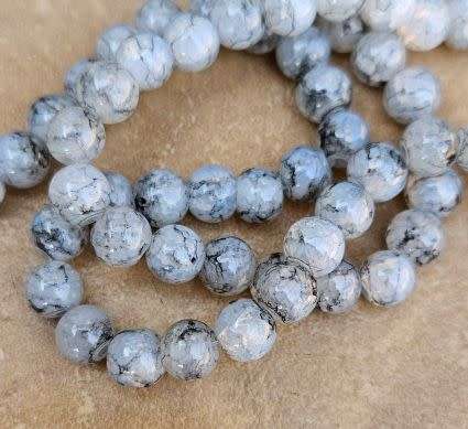 20Pc x 8mm   Grey  / Crackle Style / Round Painted Glass  Beads