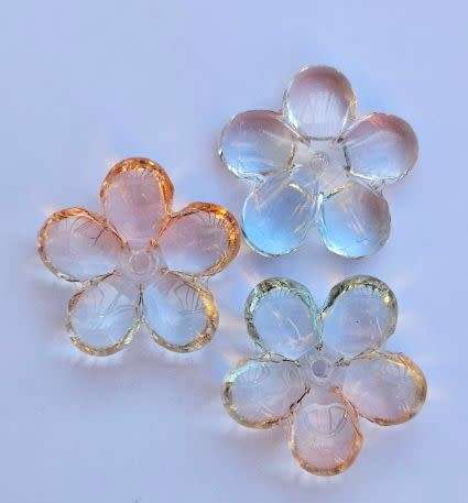 5Pc x (22mm) Peach / Blue  Painted / Flower /Glass Beads