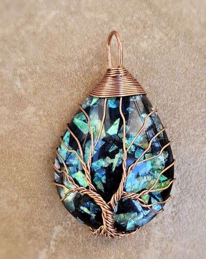 Clearance Sale**1pc ( +/-50x30mm) Natural /  Abalone Shell  /  Copper Tone Wire Wrapped Tree of Lif