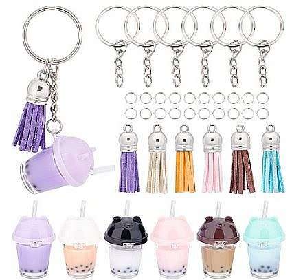 ***DIY*** Keychain Pendant /  Faux Suede Tassel  / Boba Milk Tea Charm /  6Pcs  /  Making Kit