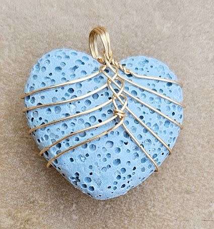 1pc Unwaxed / Natural / Lava Rock /Gold Plated Copper Wire Wrapped /  Heart Pendant / +/-24mm
