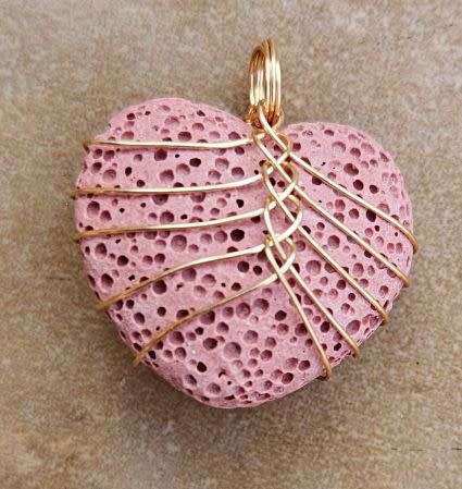 1pc Unwaxed / Natural / Lava Rock /Gold Plated Copper Wire Wrapped /  Heart Pendant / +/-24mm
