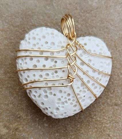 1pc Unwaxed / Natural / Lava Rock /Gold Plated Copper Wire Wrapped /  Heart Pendant / +/-24mm