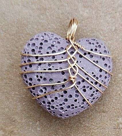 1pc Unwaxed / Natural / Lava Rock /Gold Plated Copper Wire Wrapped /  Heart Pendant / +/-24mm