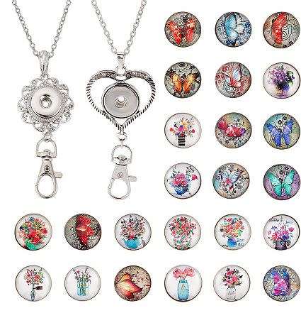 ***DIY*** 24pc / Butterfly / Floral / Glass Snap Button / Stainless Steel Chain / Necklace Jewelry