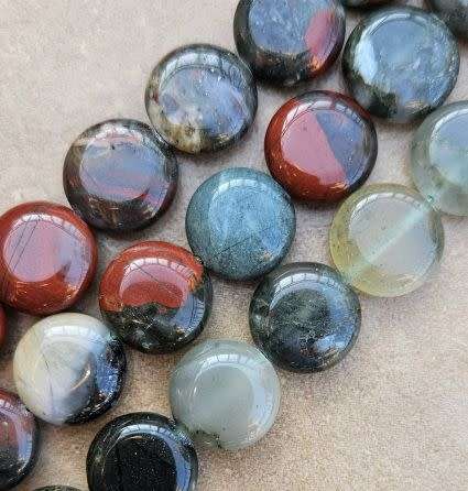*Clearance Sale*1 Strand (+/- 15x5mm) Natural  / African Bloodstone  / Flat Round Beads +/- 26pcs