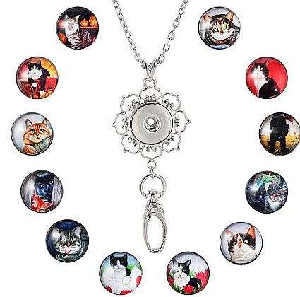 ***DIY*** 12pc / Cat / Glass Snap Button / Stainless Steel Chain / Necklace Jewelry / Kit