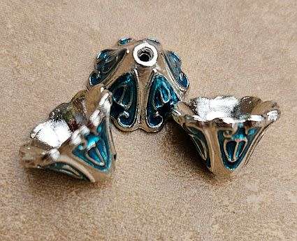 1pc  (16x10mm) Blue /Silver Tone  Enamel Flower  Bead Cap  - Each