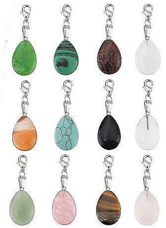 12pcs / Natural /Synthetic / Gemstone /  Drop Pendant With Brass  Lobster Clasps