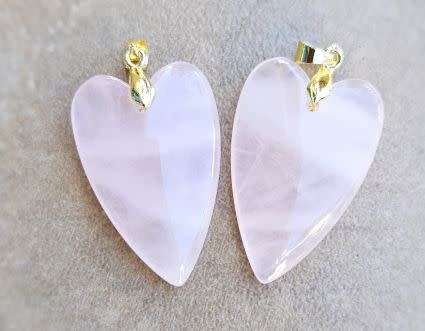 *Clearance Sale* 1pc Natural / Rose Quartz /  Gold Tone / Heart Shape Pendant +/- 30x20mm