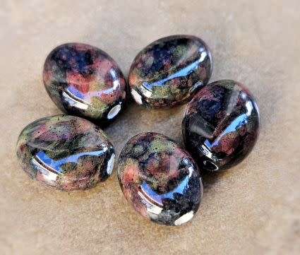 4pc x (16x13mm) Brown / Green / Multi Color  / Painted / Handmade Porcelain Beads