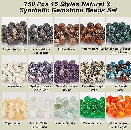 750Pc x 6mm  Assorted / Natural &  Synthetic / Gemstone Beads / 15 Types / 50pc Per Type