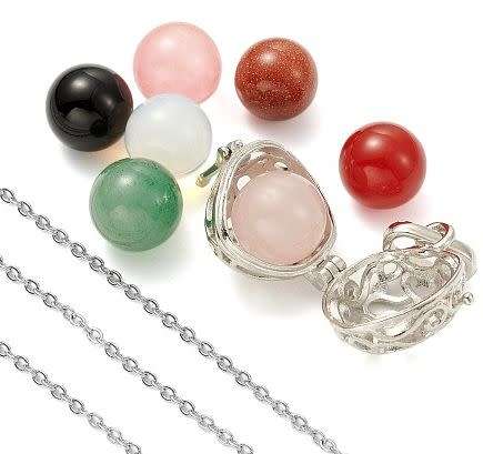 DIY  7pcs / Natural /Synthetic / Round  / Gemstone With Heart Cage Pendant / Necklace Jewelry / Kit