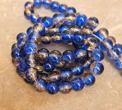 20Pc x 8mm  Dark  Blue / Light Brown  /   Painted / Round Crackle Glass  Beads