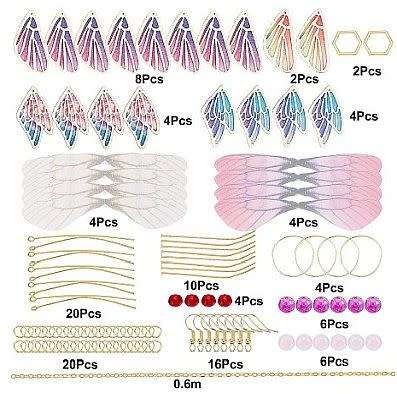 ***DIY*** 8 Pairs / Pink Butterfly / Fabric Wings / Glass Beads / Gold Tone   / Earing Making Kit