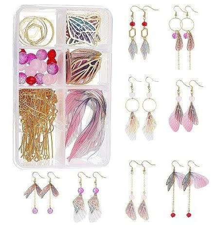 ***DIY*** 8 Pairs / Pink Butterfly / Fabric Wings / Glass Beads / Gold Tone   / Earing Making Kit