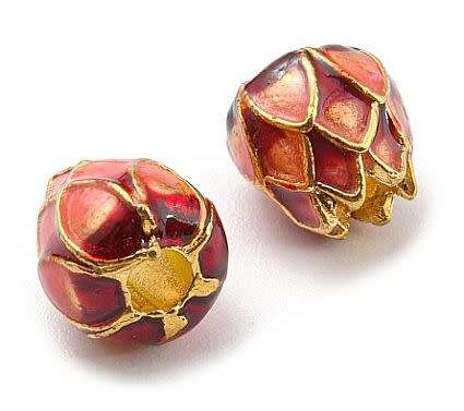 1pc  (9x8mm) Red / Coral  Enamel Flower Spacer Bead / Gold Tone - Each