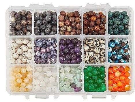 750Pc x 6mm  Assorted / Natural &  Synthetic / Gemstone Beads / 15 Types / 50pc Per Type