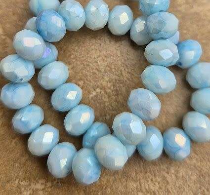 15pc (8x6mm) Blue /  Marble / Painted / Faceted Rondelle / Glass Beads