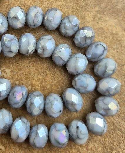 15pc (8x6mm) Grey /  Marble / Painted / Faceted Rondelle / Glass Beads