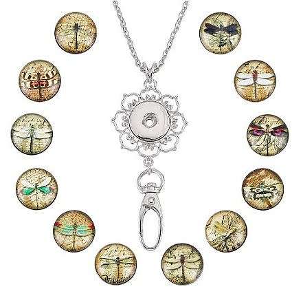 ***DIY*** 12pc / Dragonfly   / Glass Snap Button / Stainless Steel Chain / Kit
