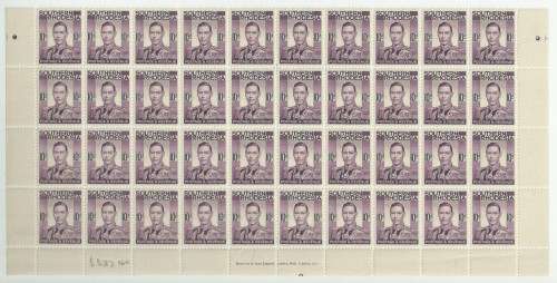 S . Rhodesia - 1937 - 10d Purple Part Sheet of 40 - R2500+