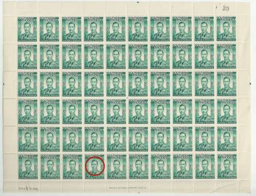 S . Rhodesia - 1937 - 8d Emerald Green - Complete Sheet - Major Variety "Double Printing'