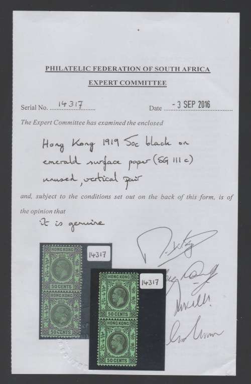 Hong Kong - 1919 - 50c Pair Black on Emerald Surface - With Certificate - R1700++