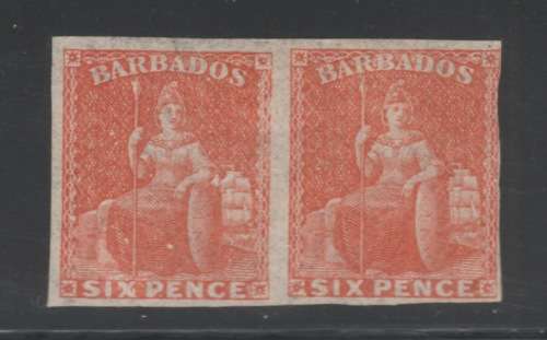BARBADOS 1873 - 6d ORANGE-VERMILLION IMPERFORATE PAIR - LARGE STAR WMK - R1900+